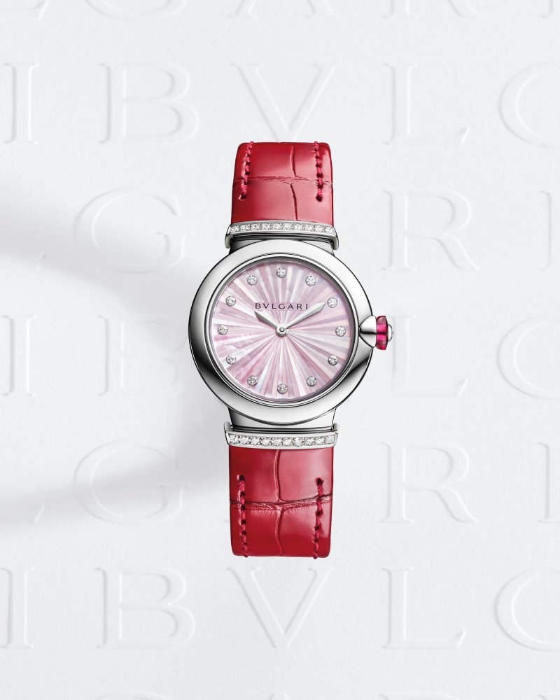 Bvlgari Lvcea Intarsio Diamonds Mother of Pearl Pink Dial Red Leather Strap Watch for Women - LVCEA103619