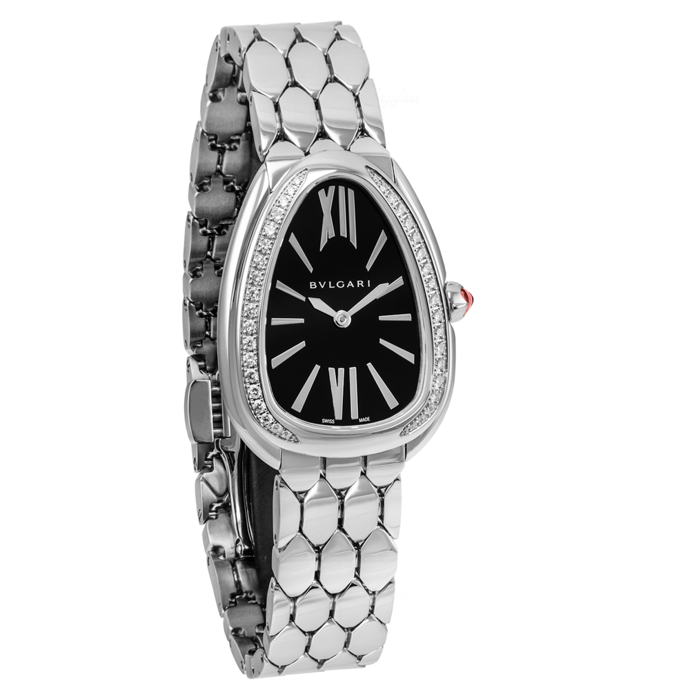 Bvlgari Serpenti Seduttori Diamonds Black Dial Silver Steel Strap Watch for Women - SERPENTI103449