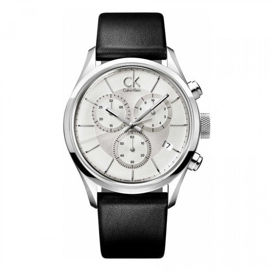 Calvin Klein Masculine Chronograph White Dial Black Leather Strap Watch for Men - K2H27120