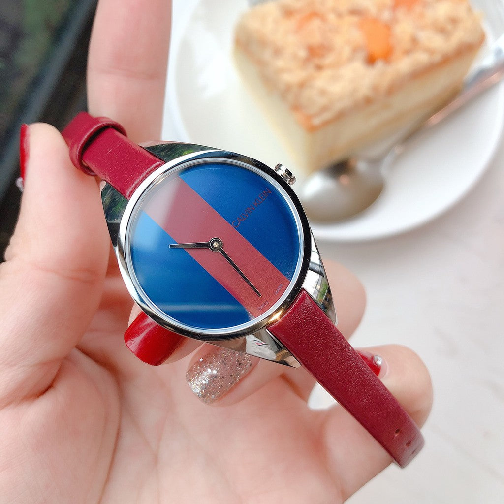 Calvin Klein Rebel Blue Dial Maroon Leather Strap Watch for Women - K8P231UN