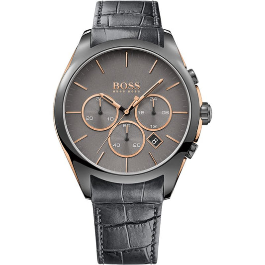 Hugo Boss Onyx Grey Dial Black Leather Strap Watch for Men - 1513366