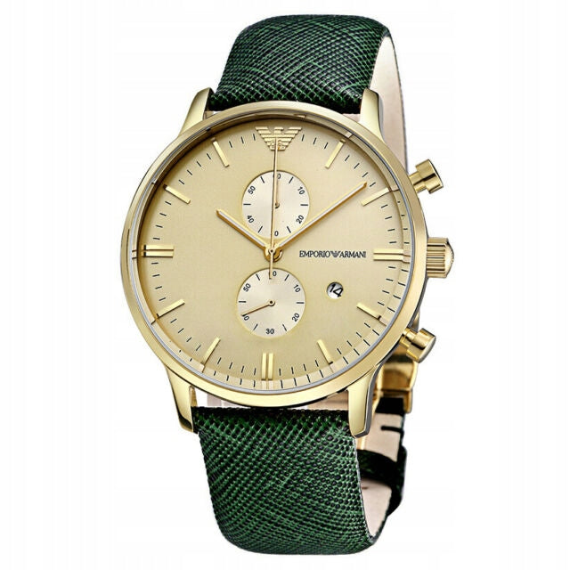 Emporio Armani Gianni Chronograph Champagne Dial Green Leather Strap Watch For Men - AR1722