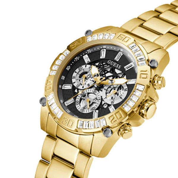 Guess Trophy Diamonds Black Dial Gold Steel Strap Watch for Men - GW0390G2