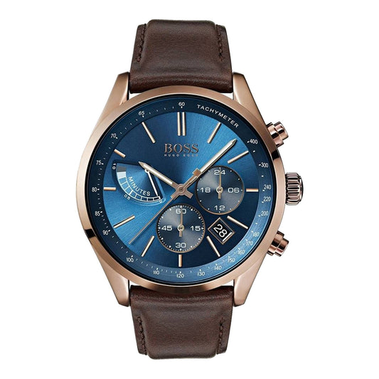 Hugo Boss Grand Prix Blue Dial Brown Leather Strap Watch for Men - 1513604