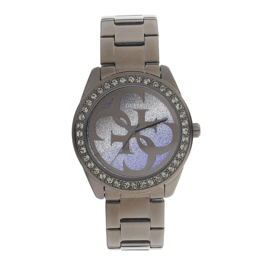 Guess G Twist Diamonds Purple Dial Black Steel Strap Watch For Women - W1201L4
