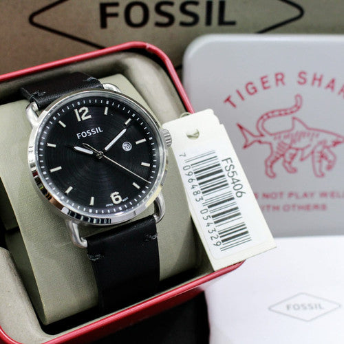 Fossil The Commuter Black Dial Black Leather Strap Watch for Men - FS5406