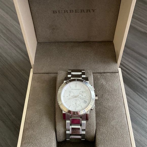 Burberry City Chronograph White Dial Silver Steel Strap Watch For Women - BU9700