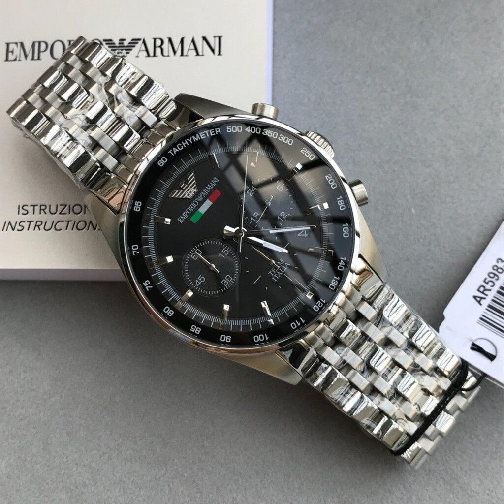 Emporio Armani Tazio Chronograph Team Italia Black Dial Silver Steel Strap Watch For Men - AR5983