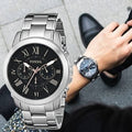 Fossil Grant Chronograph Black Dial Silver Steel Strap Watch for Men - FS4994