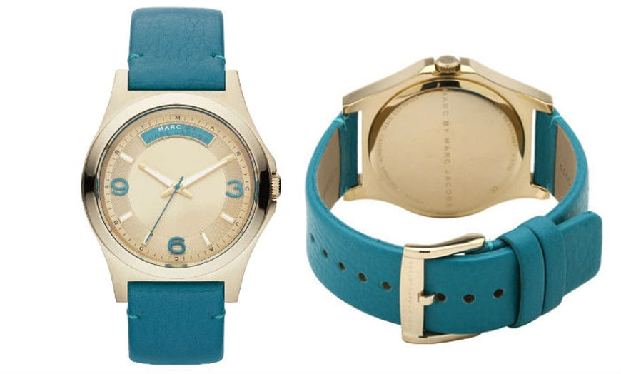 Marc Jacobs Baby Dave Champagne Dial Teal Leather Strap Watch for Women - MBM1263