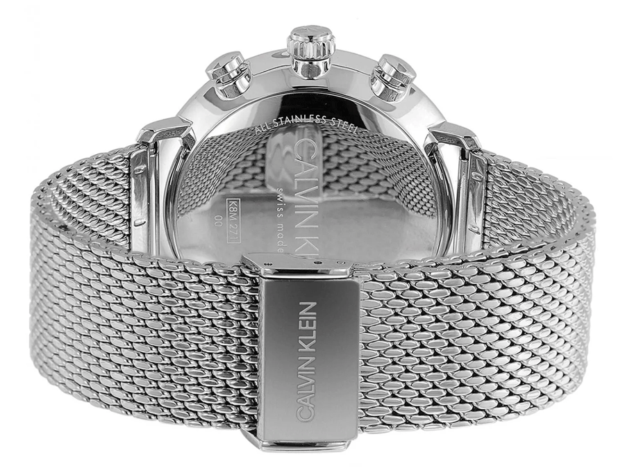 Calvin Klein High Noon Chronograph Black Dial Silver Mesh Bracelet Watch for Men - K8M27121