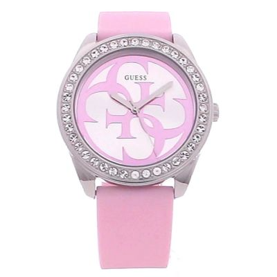 Guess G-Twist Diamonds Silver Dial Pink Rubber Strap Watch for Women - W1240L1