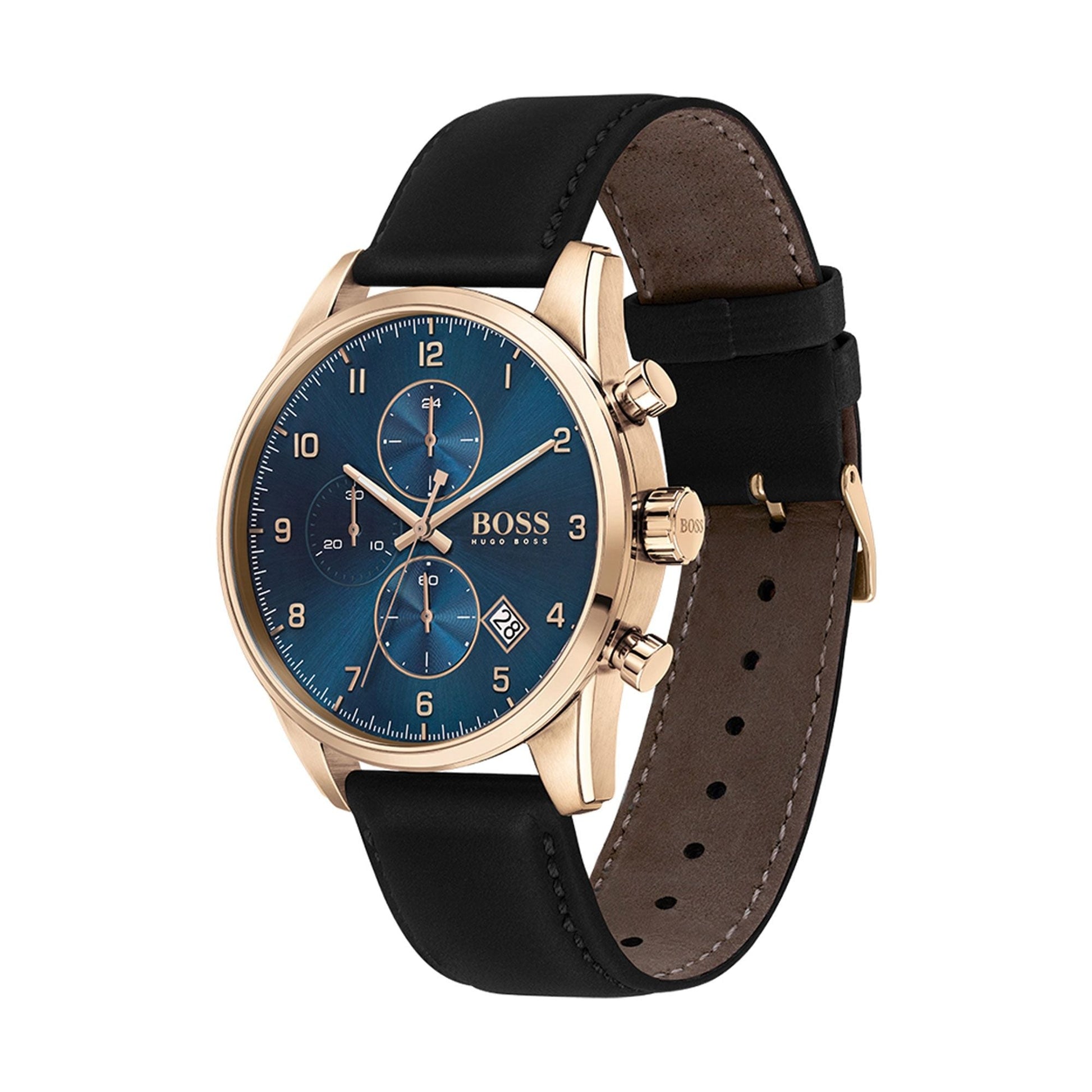 Hugo Boss Skymaster Chronograph Blue Dial Black Leather Strap Watch for Men - 1513783