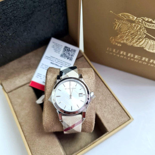 Burberry The City White Dial Beige Leather Strap Watch for Women - BU9113