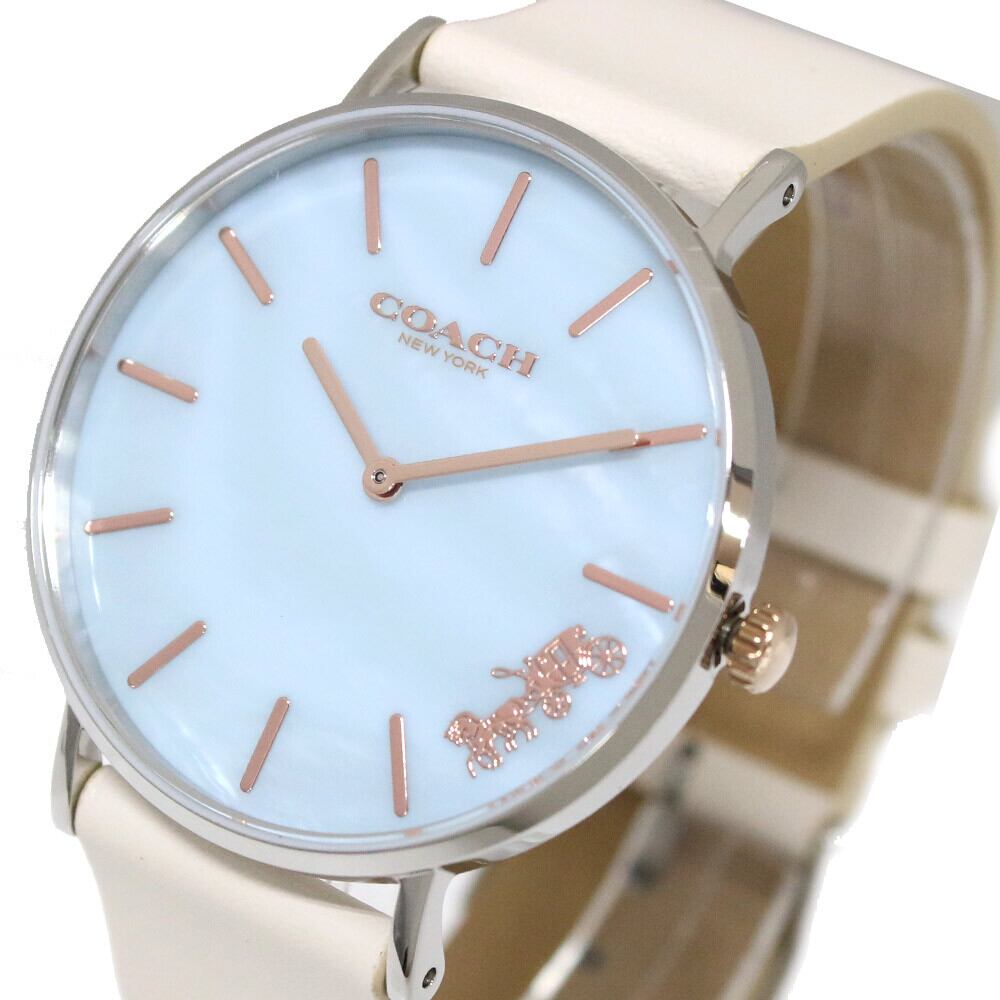 Coach Perry Blue Mother of Pearl Dial White Leather Strap Watch for Women - 14503270