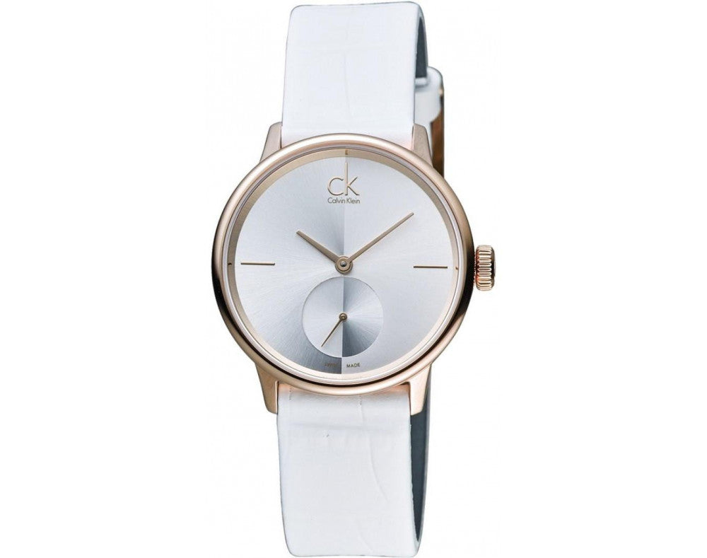 Calvin Klein Accent Silver Dial White Leather Strap Watch for Women - K2Y236K6