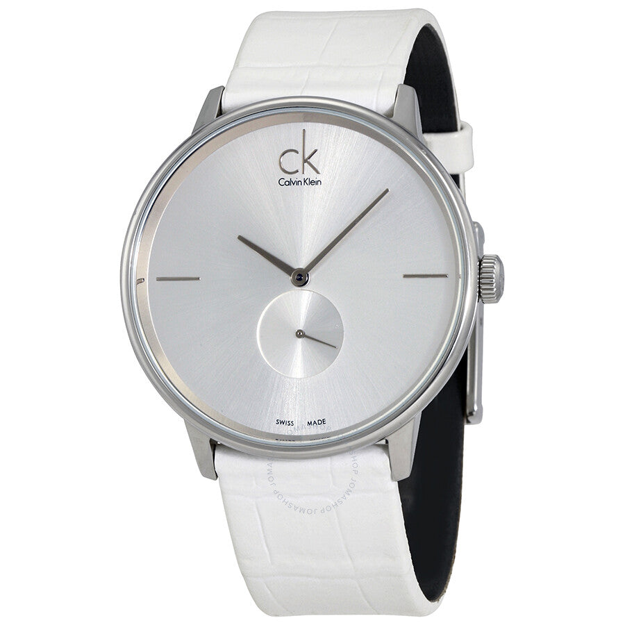 Calvin Klein Accent Silver Dial White Leather Strap Watch for Women - K2Y211K6