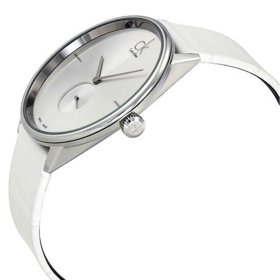 Calvin Klein Accent Silver Dial White Leather Strap Watch for Women - K2Y211K6