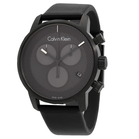 Calvin Klein City Chronograph Grey Dial Black Leather Strap Watch for Men - K2G177C3