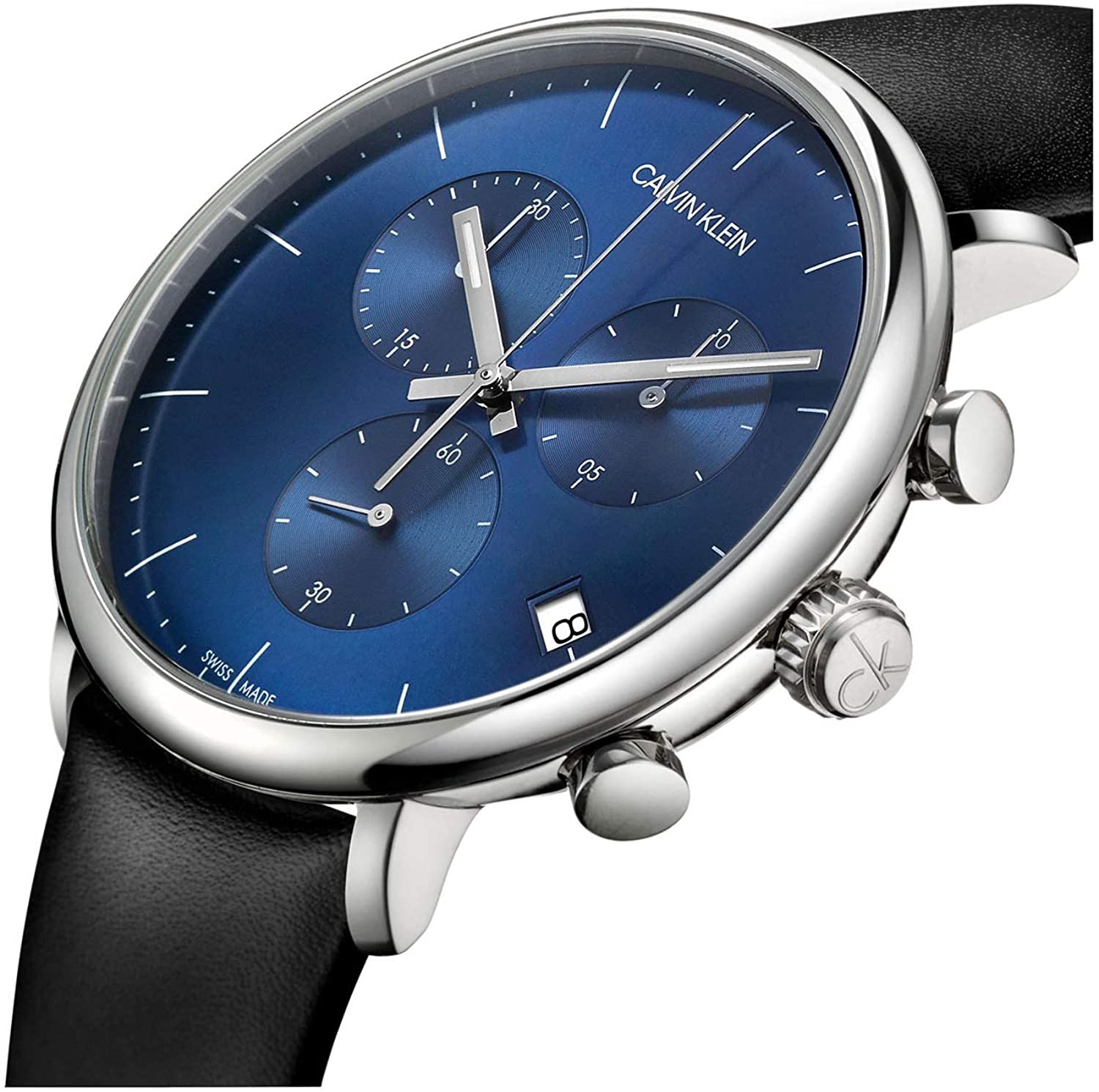 Calvin Klein High Noon Chronograph Blue Dial Black Leather Strap Watch for Men - K8M271CN