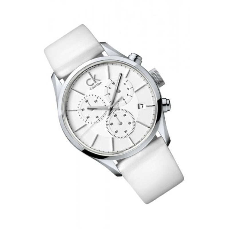 Calvin Klein Masculine Chronograph White Dial White Leather Strap Watch for Men - K2H27101