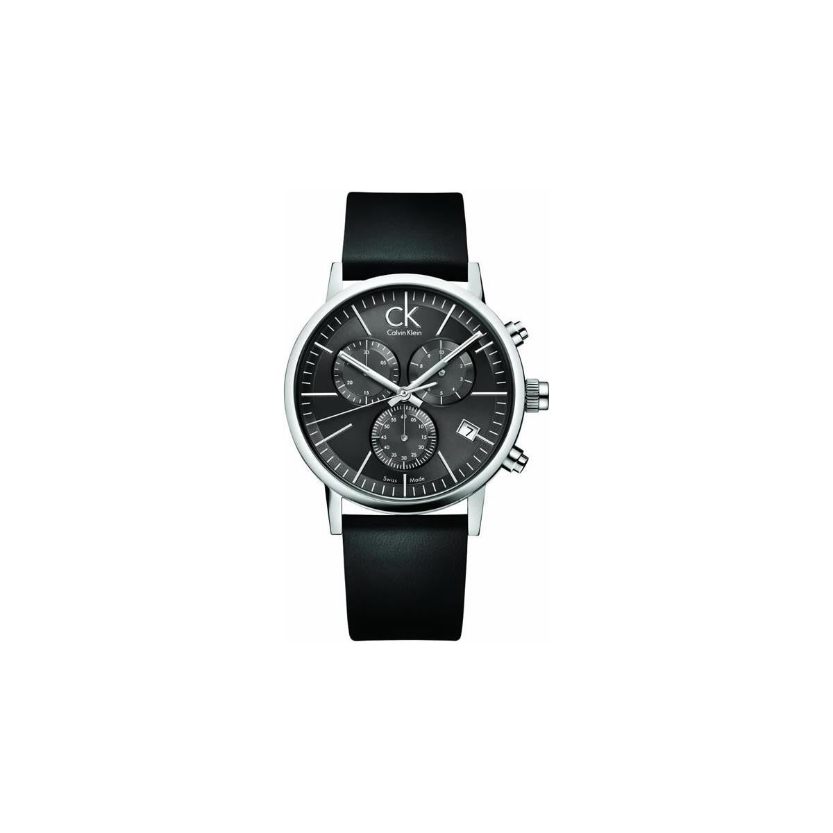 Calvin Klein Post Minimal Chronograph Black Dial Black Leather Strap Watch for Men - K7627107