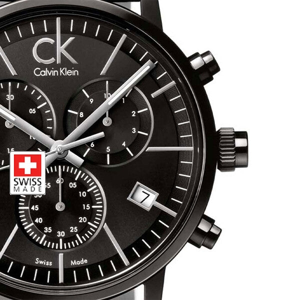 Calvin Klein Post Minimal Chronograph Black Dial Black Leather Strap Watch for Men - K7627401