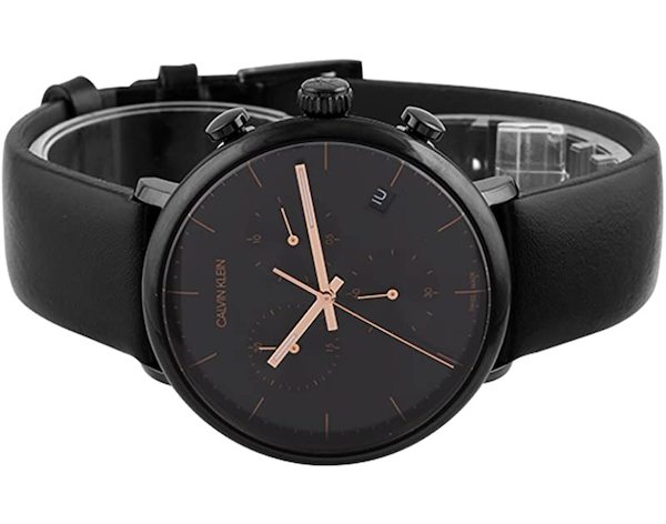 Calvin Klein High Noon Chronograph Black Dial Black Leather Strap Watch for Men - K8M274CB