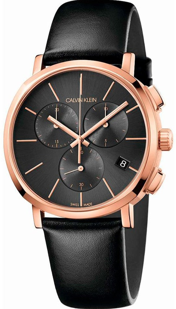 Calvin Klein Posh Chronograph Grey Dial Black Leather Strap Watch for Men - K8Q376C3