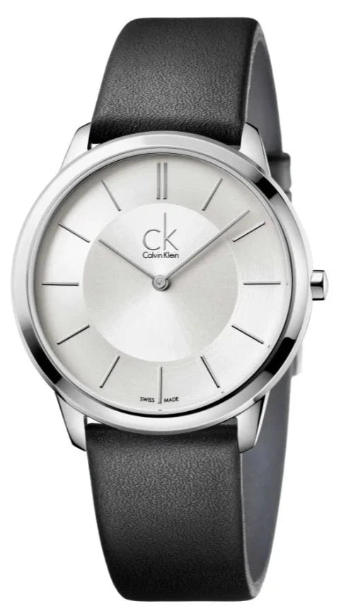 Calvin Klein Minimalist Silver Dial Black Leather Strap Watch for Men - K3M211C6