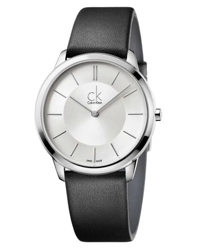 Calvin Klein Minimalist Silver Dial Black Leather Strap Watch for Men - K3M211C6