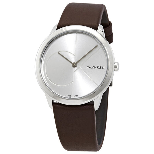 Calvin Klein Minimal Silver Dial Brown Leather Strap Watch for Men - K3M221G6