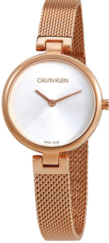 Calvin Klein Authentic Silver Dial Rose Gold Mesh Bracelet Watch for Women - K8G23626