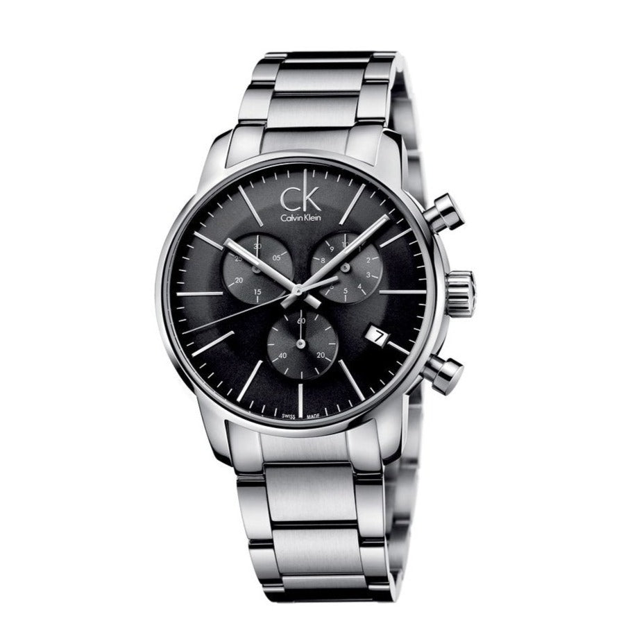 Calvin Klein City Chronograph Black Dial Silver Steel Strap Watch for Men - K2G27143