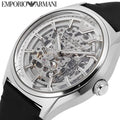 Emporio Armani Meccanico Skeleton Silver Dial Black Leather Strap Watch For Men - AR60003