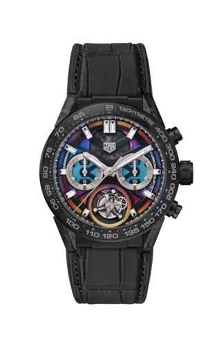 Tag Heuer Carrera Polychrome Chronograph Tourbillion Titanium Carbon Black Dial Black Leather Strap Watch for Men - CAR5A8AF.FC6415
