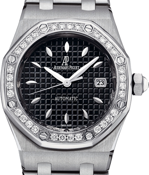 Audemars Piguet Royal Oak Quartz Diamonds Black Dial Black Leather Strap Watch for Women - 67621ST.ZZ.D002CR.01