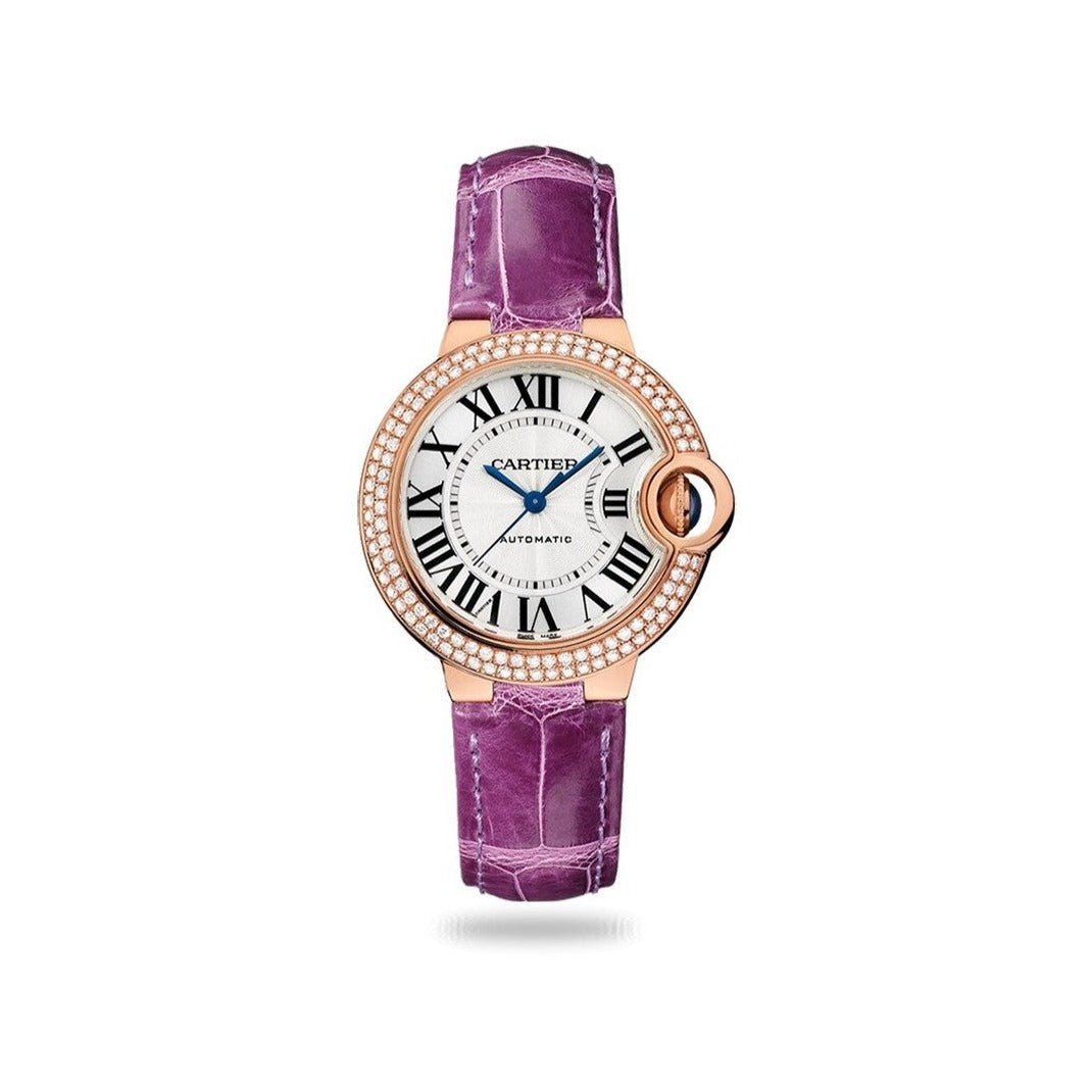 Cartier Ballon Blue De Cartier Diamonds Silver Dial Purple Leather Strap Watch for Women - WJBB0051