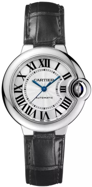 Cartier Ballon Bleu Silver Dial Black Leather Strap Watch for Women - W69018Z4