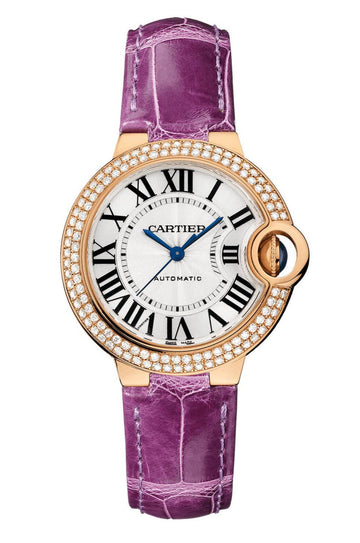 Cartier Ballon Blue De Cartier Diamonds Silver Dial Purple Leather Strap Watch for Women - WJBB0051