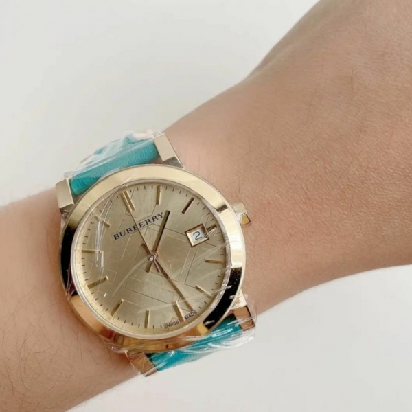 Burberry Heritage Gold Dial Blue Leather Strap Watch for Women - BU9112