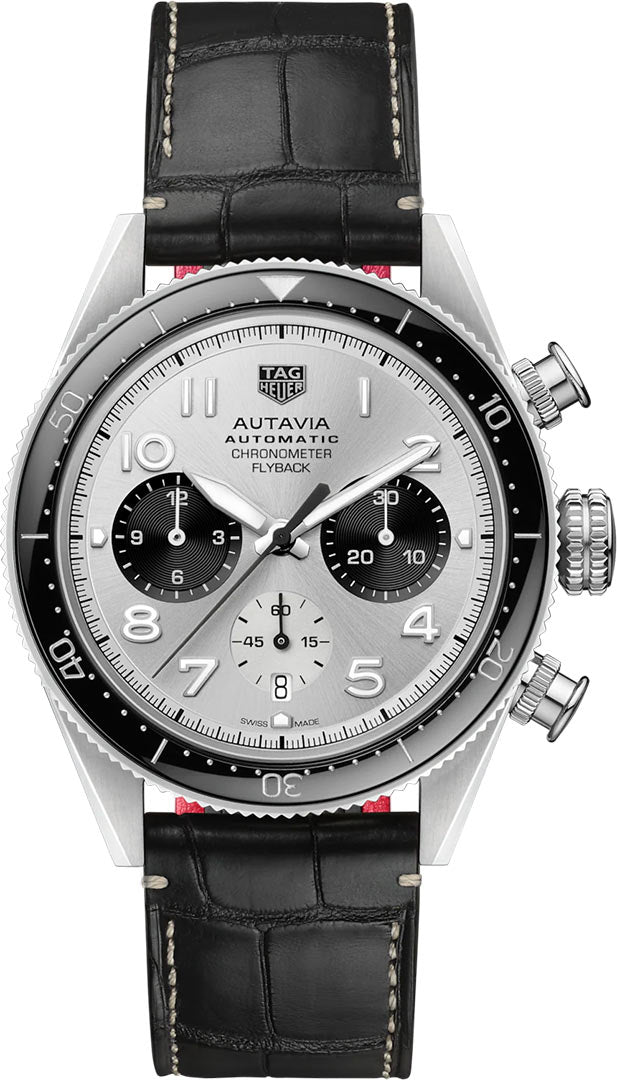 Tag Heuer Autavia Chronometer Flyback Chronograph Silver Dial Black Leather Strap Watch for Men - CBE511B.FC8279