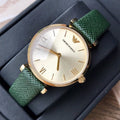 Emporio Armani Retro Champagne Beige Dial Green Leather Strap Watch For Women - AR1726