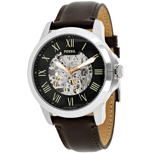 Fossil Grant Automatic Skeleton Black Dial Brown Leather Strap Watch for Men - ME3100