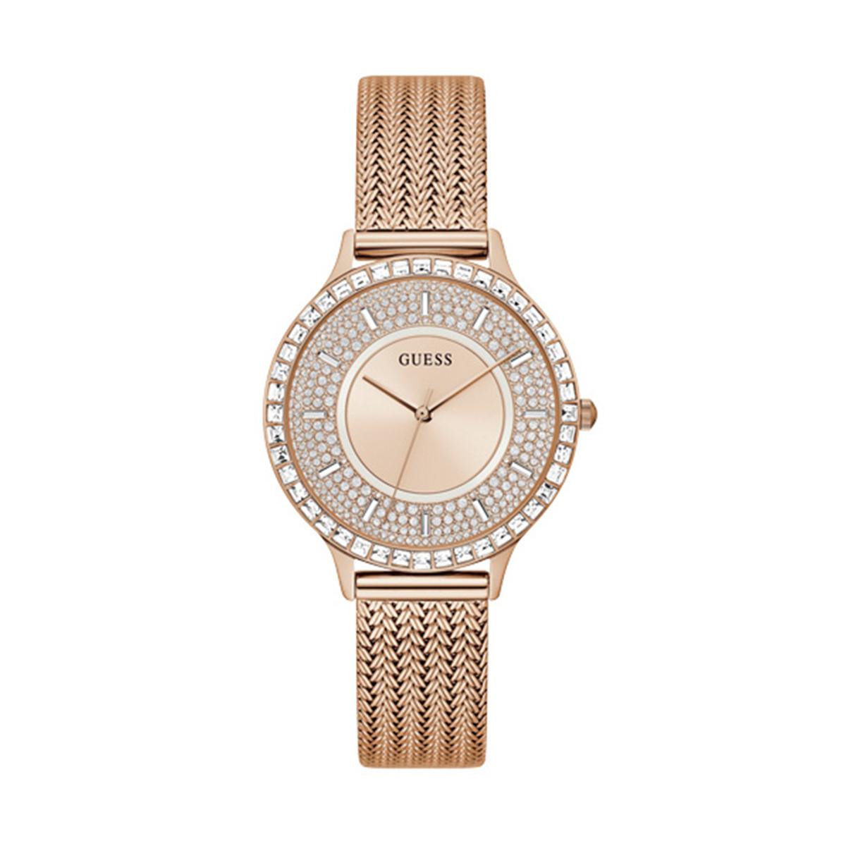 Guess Soiree Diamonds Rose Gold Dial Rose Gold Mesh Bracelet Watch for Women - GW0402L3