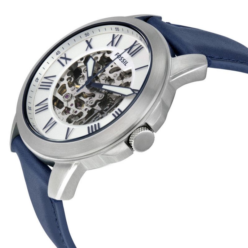 Fossil Grant Automatic Skeleton Silver Dial Blue Leather Strap Watch for Men - ME3111