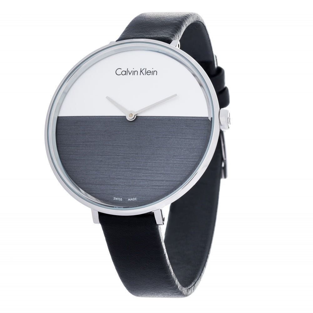 Calvin Klein Rise Grey Dial Black Leather Strap Watch for Women - K7A231C3