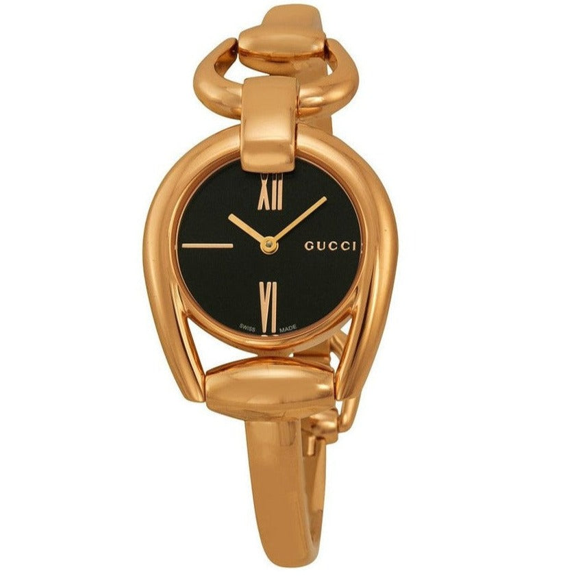 Gucci Horsebit Black Dial Rose Gold Steel Strap Watch For Women - YA139507