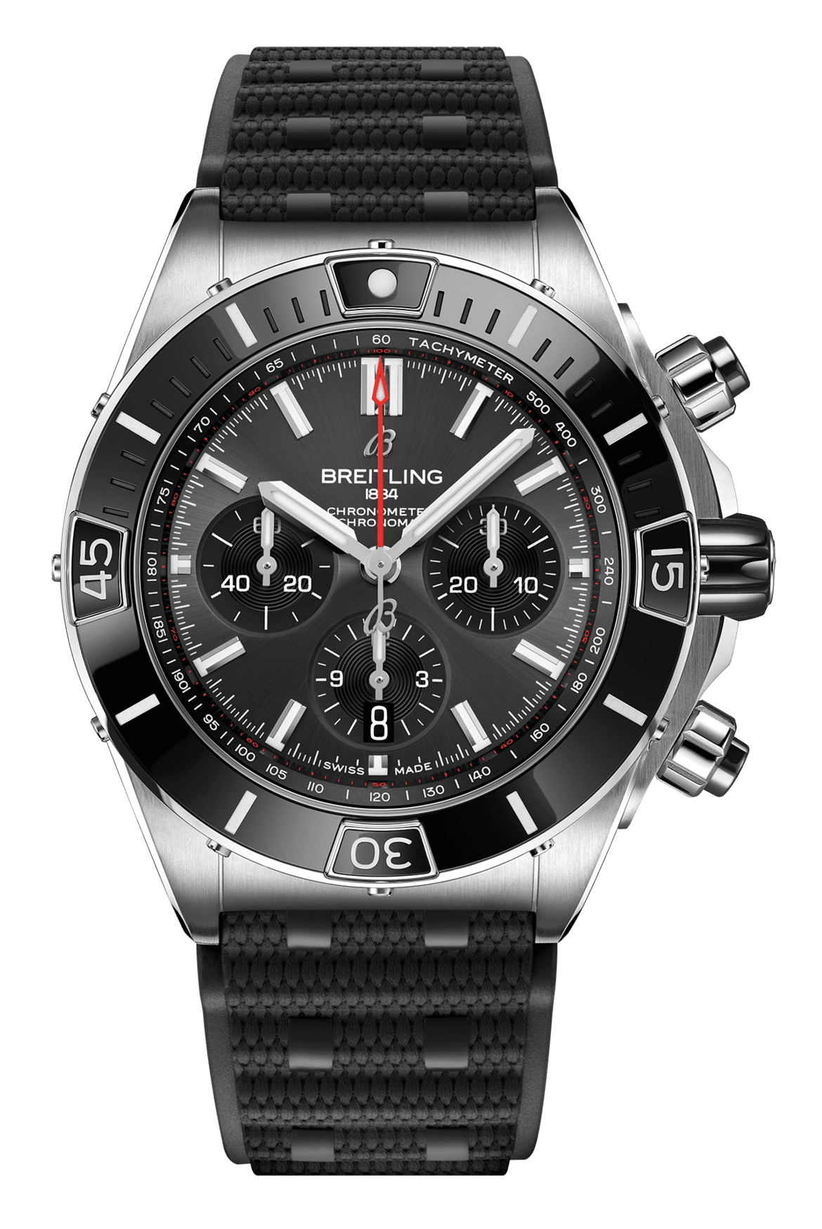 Breitling Super Chronomat B01 44 Black Dial Black Rubber Strap Watch for Men - AB0136251B2S1