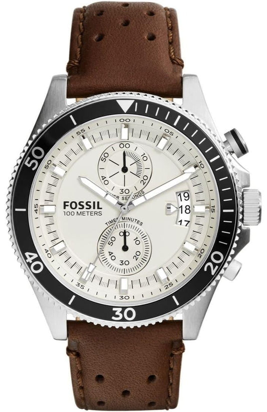 Fossil Wakefield Chronograph White Dial Brown Leather Strap Watch for Men - CH2943